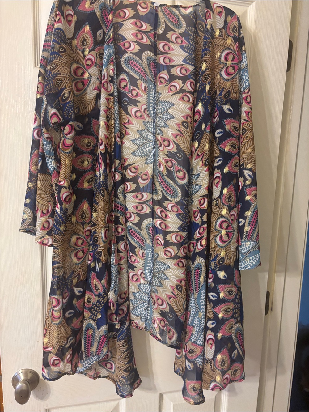 Womens Navy Multi-Color Patterned Lightweight Kimono Jacket